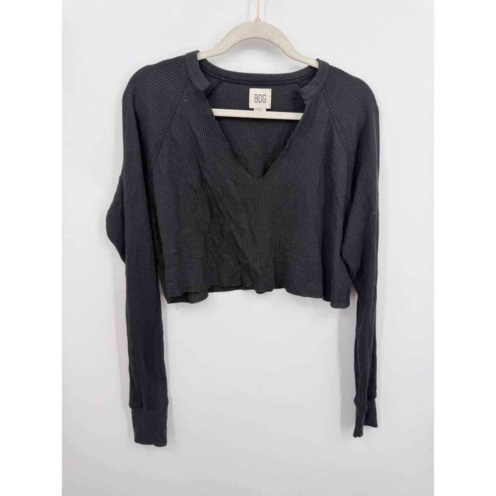 BDG Out From Under Waffle Knit‎ Top sz S Black Cropped Thermal V-Neck oversized